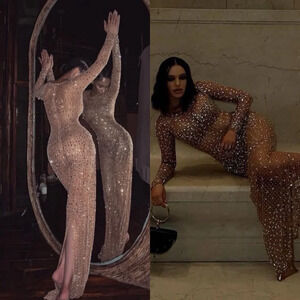 RETROFETE Vinci Crystal Embellished Sequin Mesh Dress in Silver/Nude Sz M